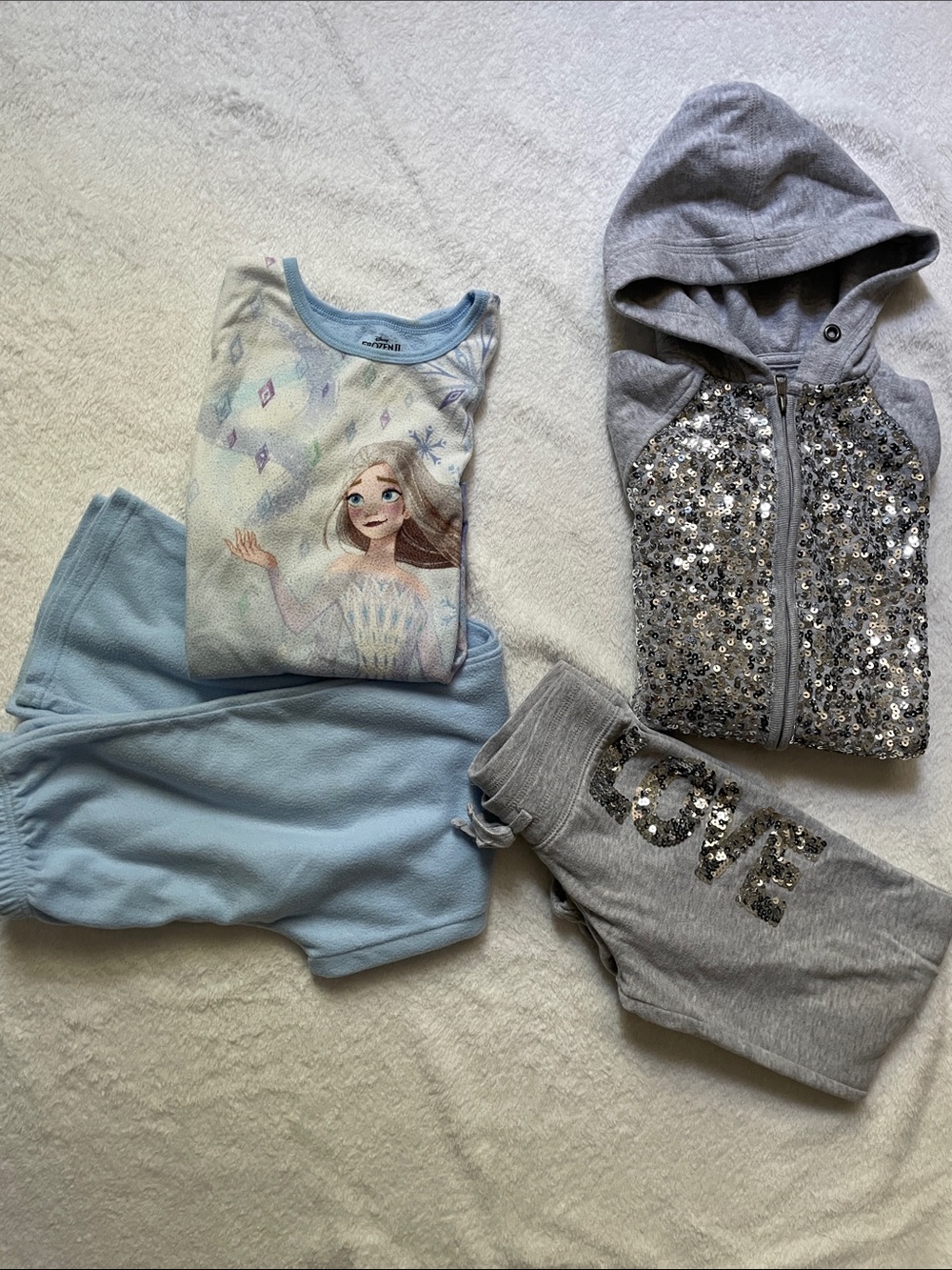 Girls Frozen Elsa Light Blue Pajama Set & Gray Sequin Hoodie Outfit
